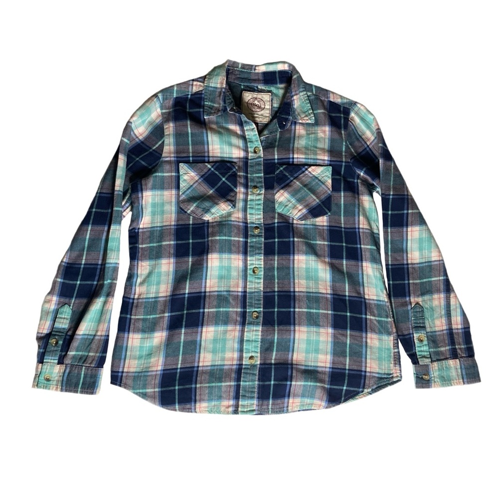 So Brand Women's Flannel Button-Up Shirt Size Medium Turquoise Blue White Plaid